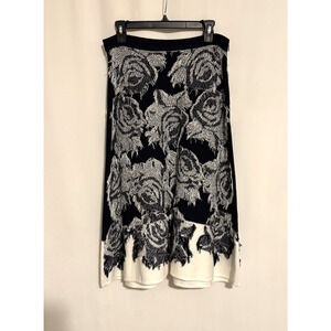 St. John Midi Skirt 8 Womens Navy Blue Ivory Floral Flare Aline Stretch